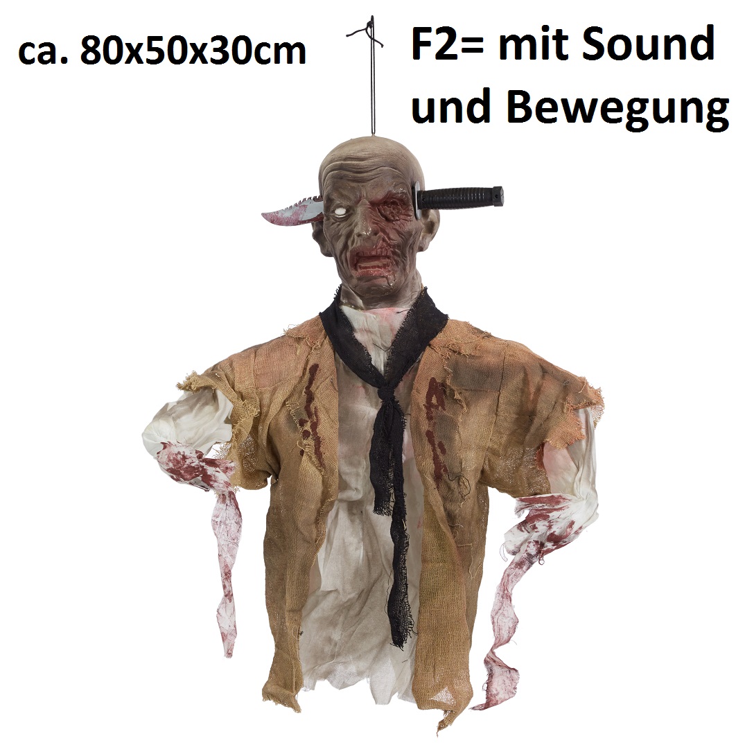 Zombie mit Messer im Kopf ca. 80x50x30cm, F2= mit Sound und Bewegung