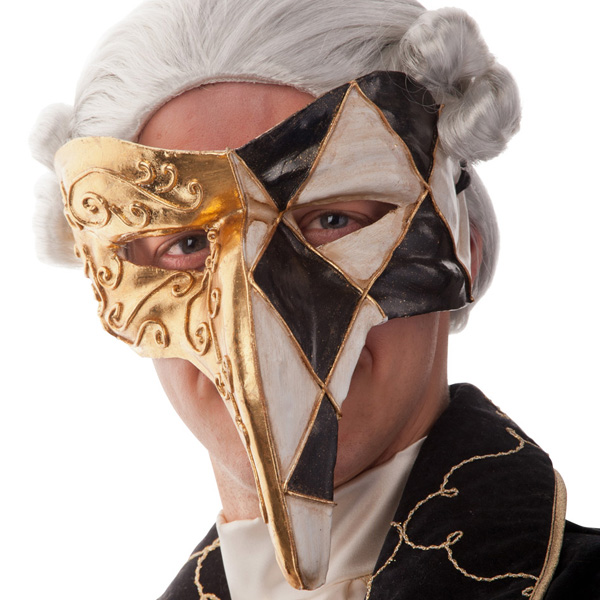 Venezianische Schnabelmaske mit Karo Muster creme/gold