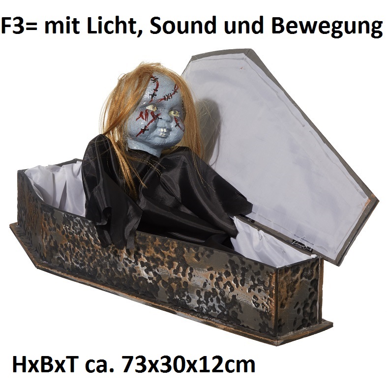 Zombiebaby im Sarg, H:73cm, B:30cm, T:12cm, F3= Mit Licht, Sound und Bewegung